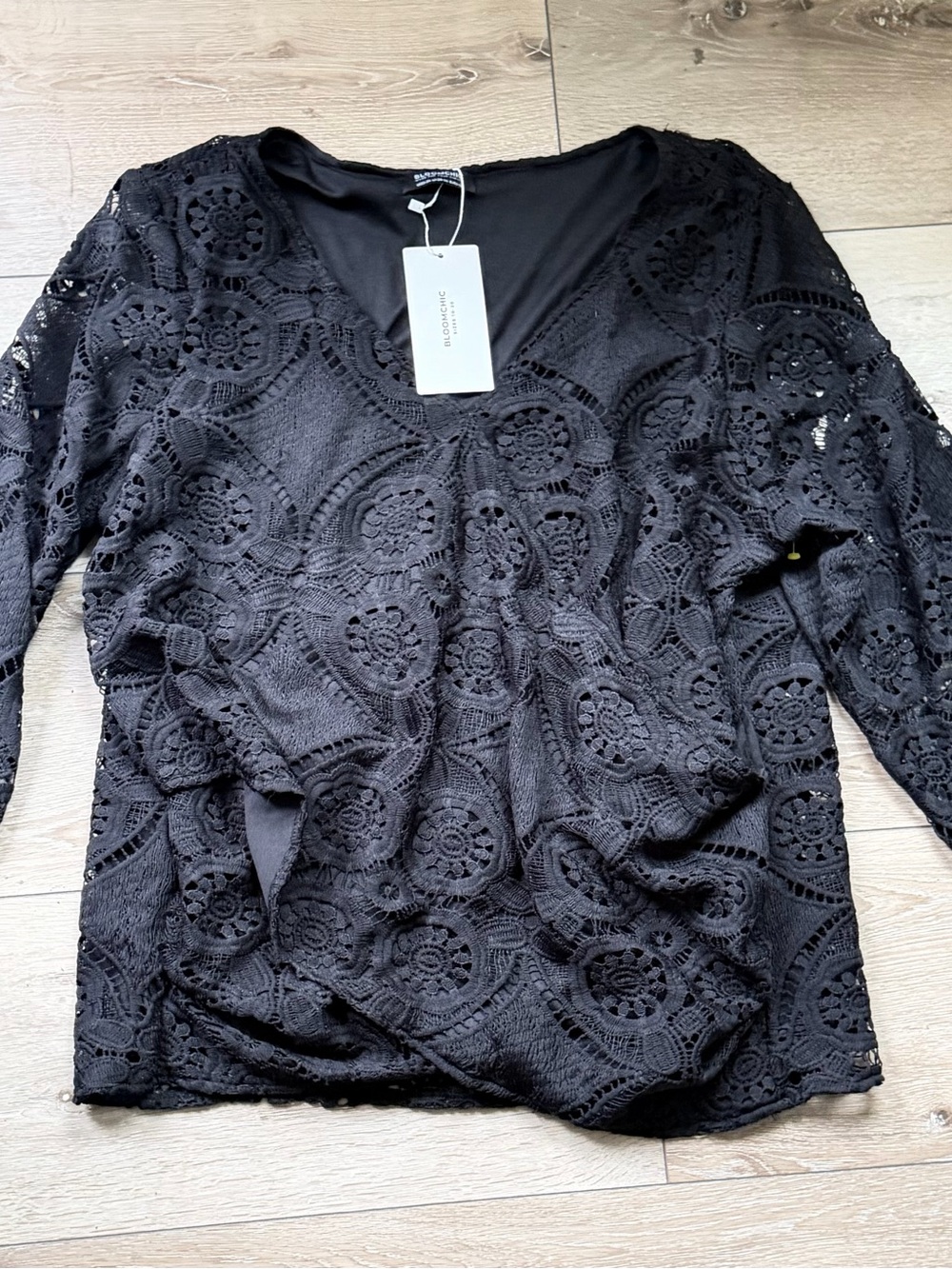 BloomChic Black Crochet Lace V-Neck Blouse